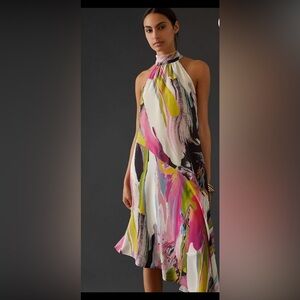 Anthropologie Silk Halter Abstract Midi Dress.